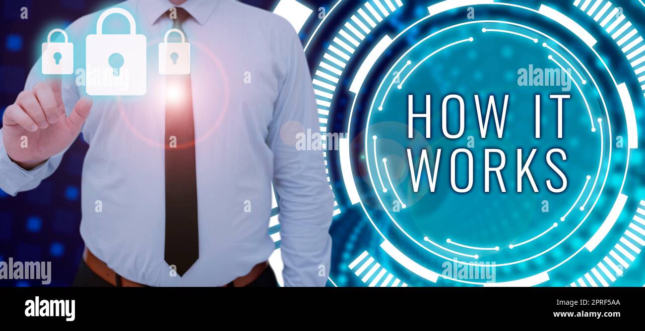 Konzeptionelle Darstellung Funktionsweise. Bei einer Geschäftsausstellung wurde immer gefragt, wie und wie Geschäftsleute auf das Sicherheitssymbol zum Schutz wichtiger Informationen drücken. Stockfoto