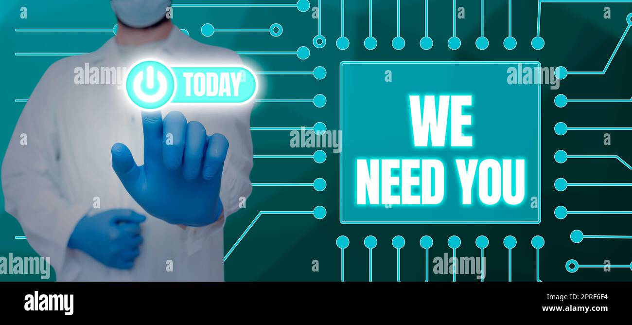 Begrifflicher Titel Wir brauchen dich. Concept Means Company möchte einen jungen Mitarbeiter einstellen, der Geschäftslösungen im digitalen Labor mit digitaler Technologie zeigt Stockfoto