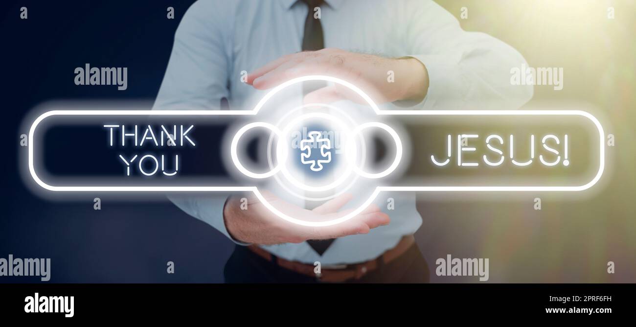 Textüberschrift präsentiert: Danke Jesus. Geschäftsübersicht Dankbarkeit für das, was der Herr euch religiösen Mann und Frau gegeben hat, die wichtige Informationen im Präsentationsausschuss präsentieren. Stockfoto