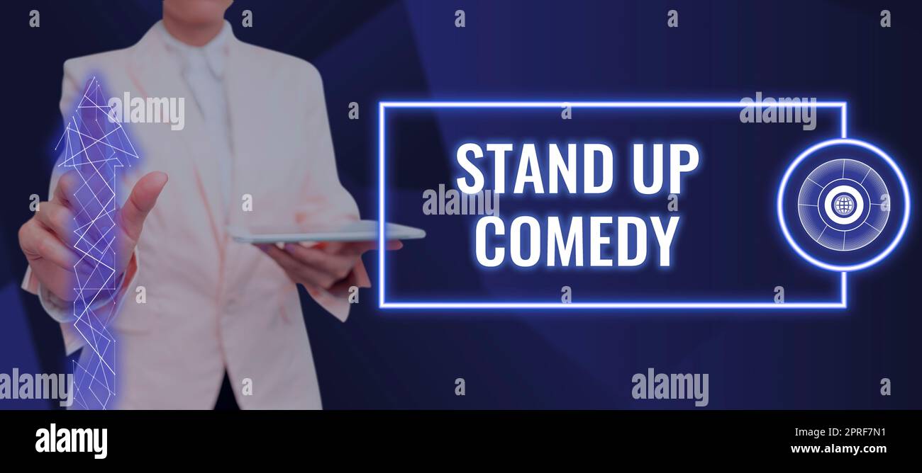 Konzeptionelle Beschriftung Stand-Up-Comedy. Business Showcase Comedian, der vor dem Live-Publikum spricht man hält Einen Stift und ein Tablet und zeigt wichtige Botschaften und neue Ideen. Stockfoto
