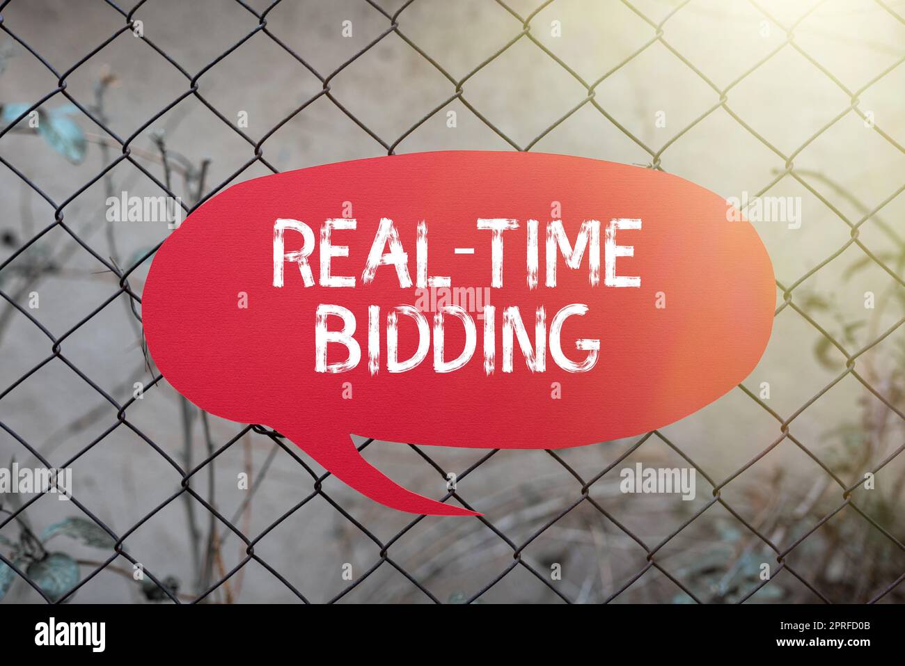 Handgeschriebenes Schild „Echtzeit-Gebote“. Unternehmensübersicht Kaufen und verkaufen Sie Werbematerial von einer Frau mit sofortiger Auktion und einem Tablet mit leuchtenden Linien im futuristischen Rahmen. Stockfoto