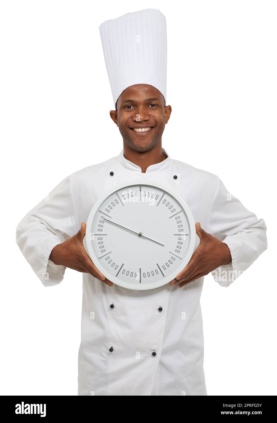 Wir Köche sind immer auf der Suche. Porträt eines afrikanischen Küchenchefs mit einer Uhr Stockfoto