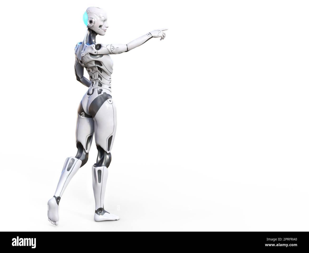 3D Darstellung einer android-Roboterfrau, die mit dem Rücken gegen die Kamera posiert und ihren Arm nach außen hält und zeigt. Weißer Hintergrund mit Kopierbereich. Stockfoto