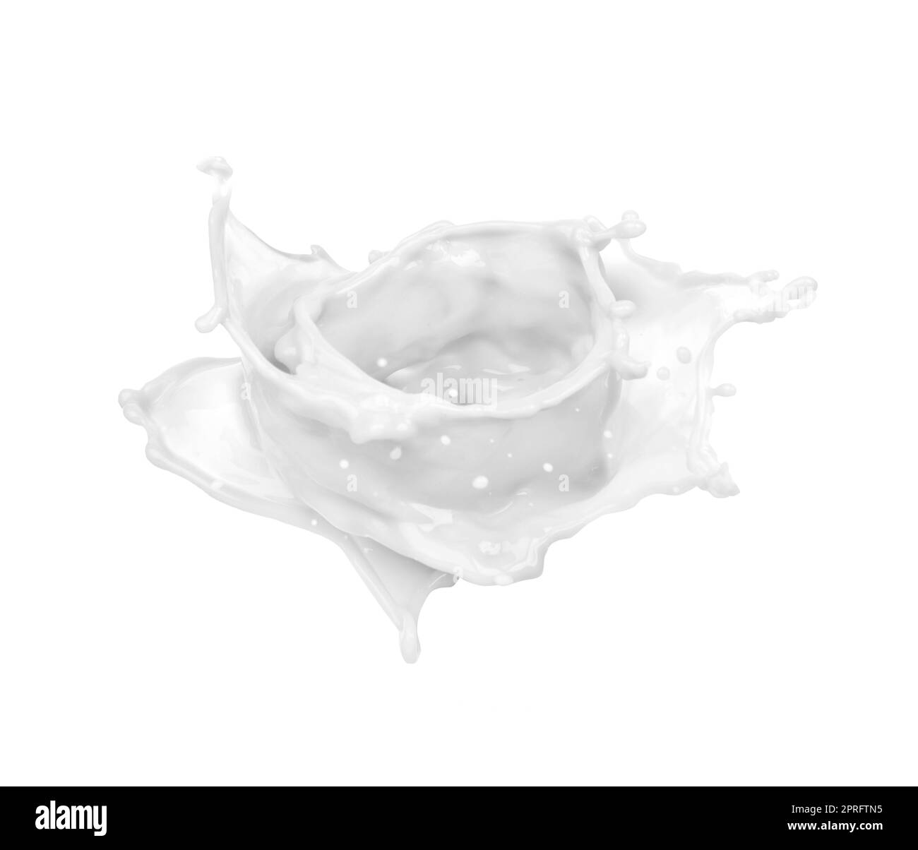 Isolierte Milchtropfen und -Spritzer auf weißem Hintergrund Stockfoto
