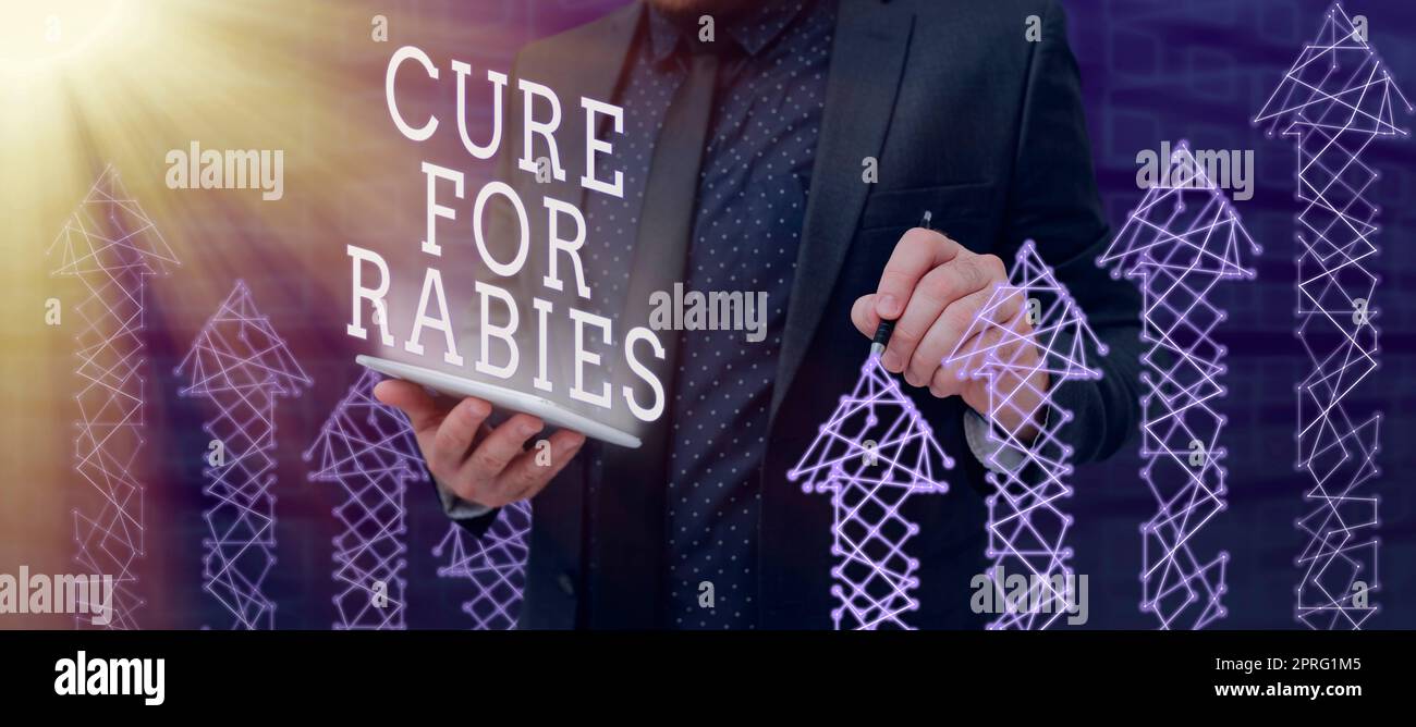 Textschild mit der Anzeige „Heilung für Tollwut“. Wort für Impfmedikamente zur Bekämpfung von krankheitstödlichen Viren Stockfoto