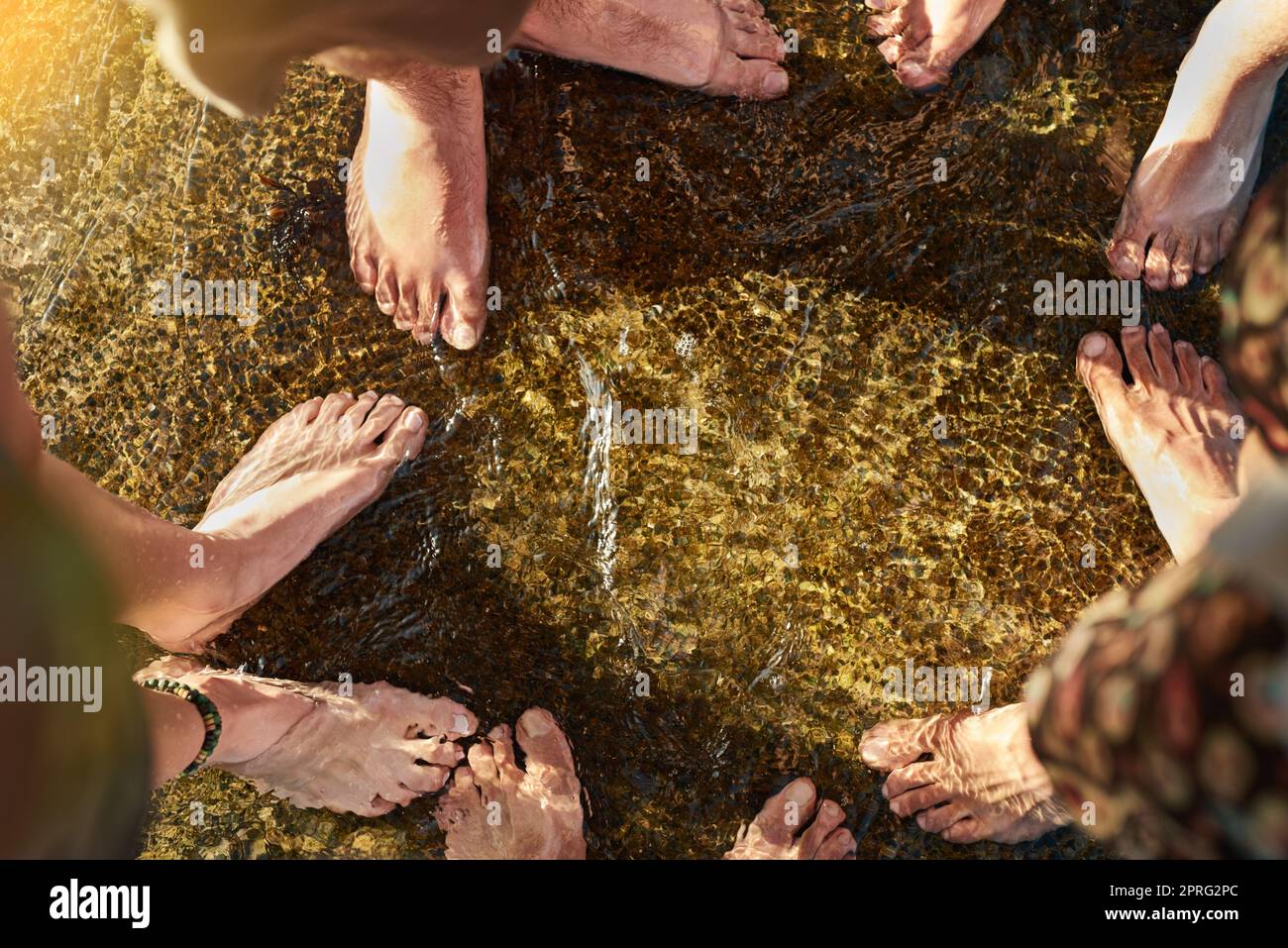 Zusammen im Strom des Lebens. Eine Gruppe von Freunden, die im kühlen Wasser eines Baches stehen. Stockfoto