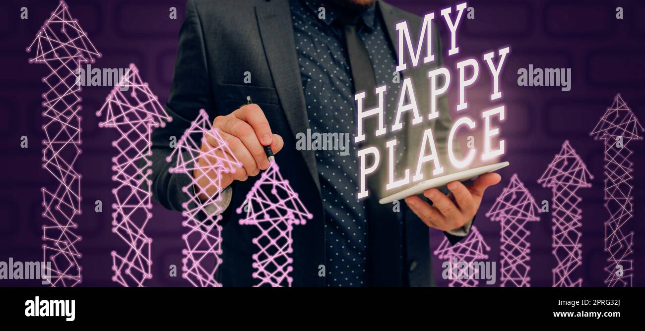 Konzeptdarstellung My Happy Place, Business Concept Space wo Sie sich wohl fühlen glücklich entspannt inspiriert Stockfoto