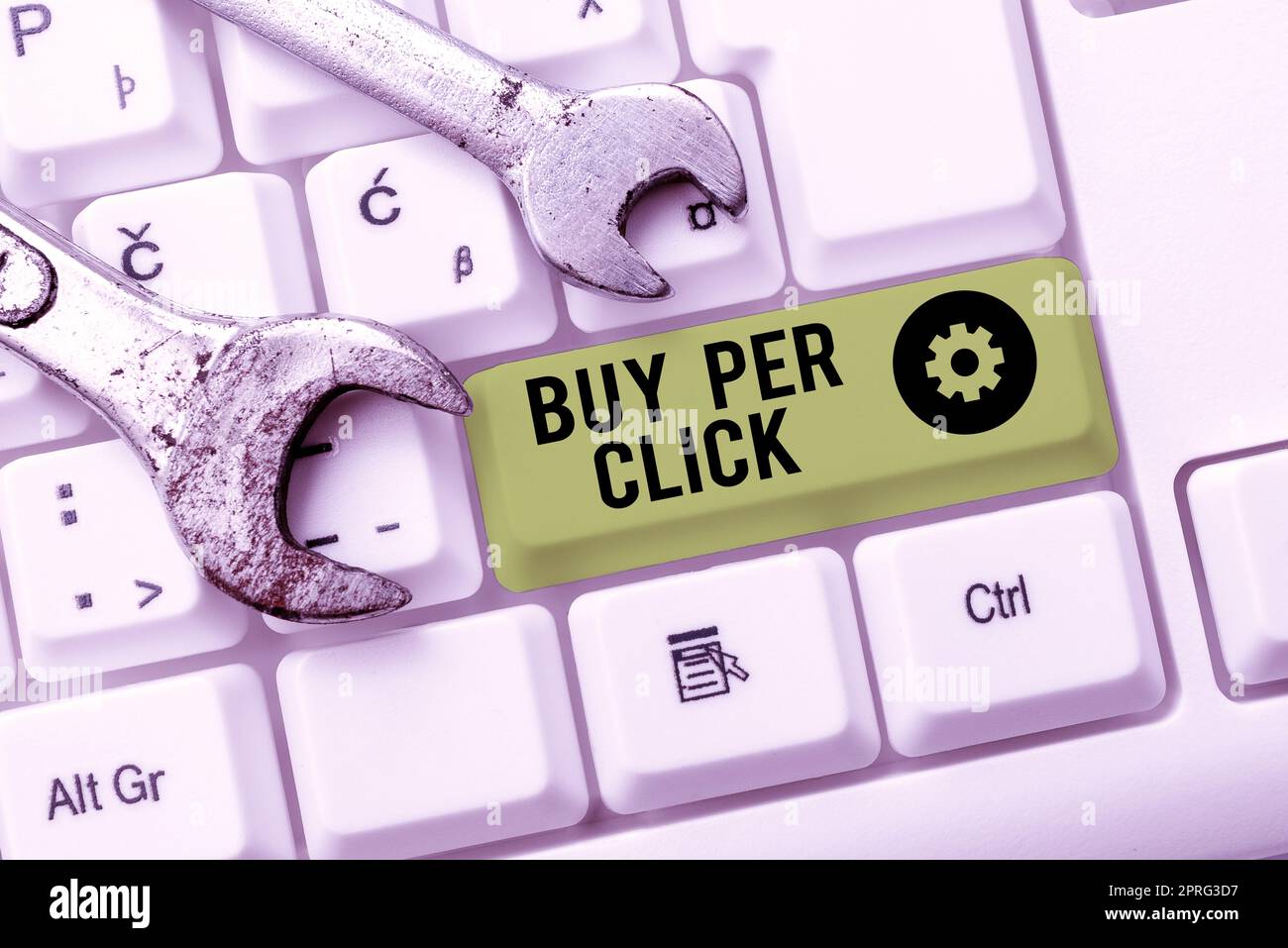 Konzeptionelle Überschrift Kaufen per Klick. Word für Online-Einkauf E-Commerce Moderne Technologien, um Speech Bubble mit wichtigen Informationen zu kaufen. Stockfoto