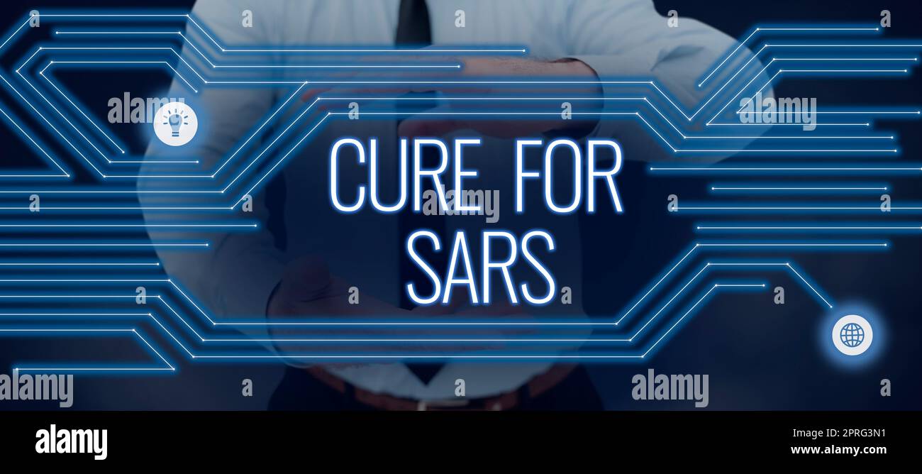Textunterschrift mit der Darstellung von Cure for SARS. Konzeptfoto Medizinische Behandlung des schweren akuten respiratorischen Syndroms Geschäftsfrau mit Sprachblase mit wichtigen Botschaften. Stockfoto