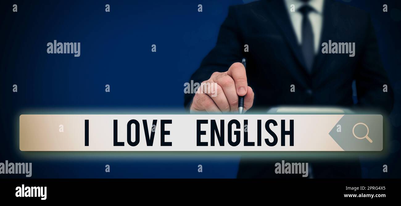 Schild mit der Aufschrift „I Love English“. Geschäftskonzept für Zuneigung zu internationaler Sprache Grammar Woman Climbing Mountain Reaking Trophy für Erfolg. Stockfoto