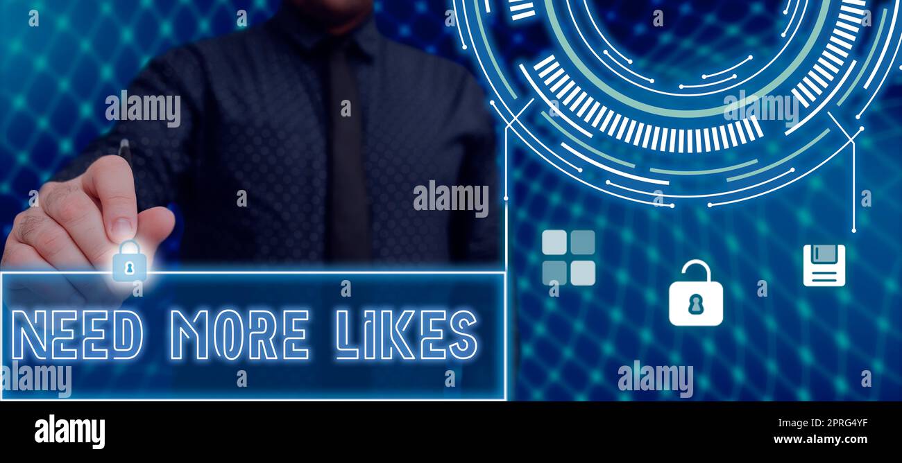 Schreiben Anzeigen von Text braucht mehr Likes. Unternehmensübersicht Notwendigkeit, zusätzliche Follower in einem sozialen Netzwerk zu haben Stockfoto