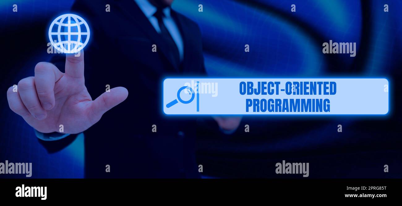 Schild, das objektorientierte Programmierung anzeigt. Business Concept Language-Modell ist eher Objekte als Aktionen Geschäftsmann, der auf das Sicherheitssymbol zum Schutz wichtiger Informationen drückt. Stockfoto
