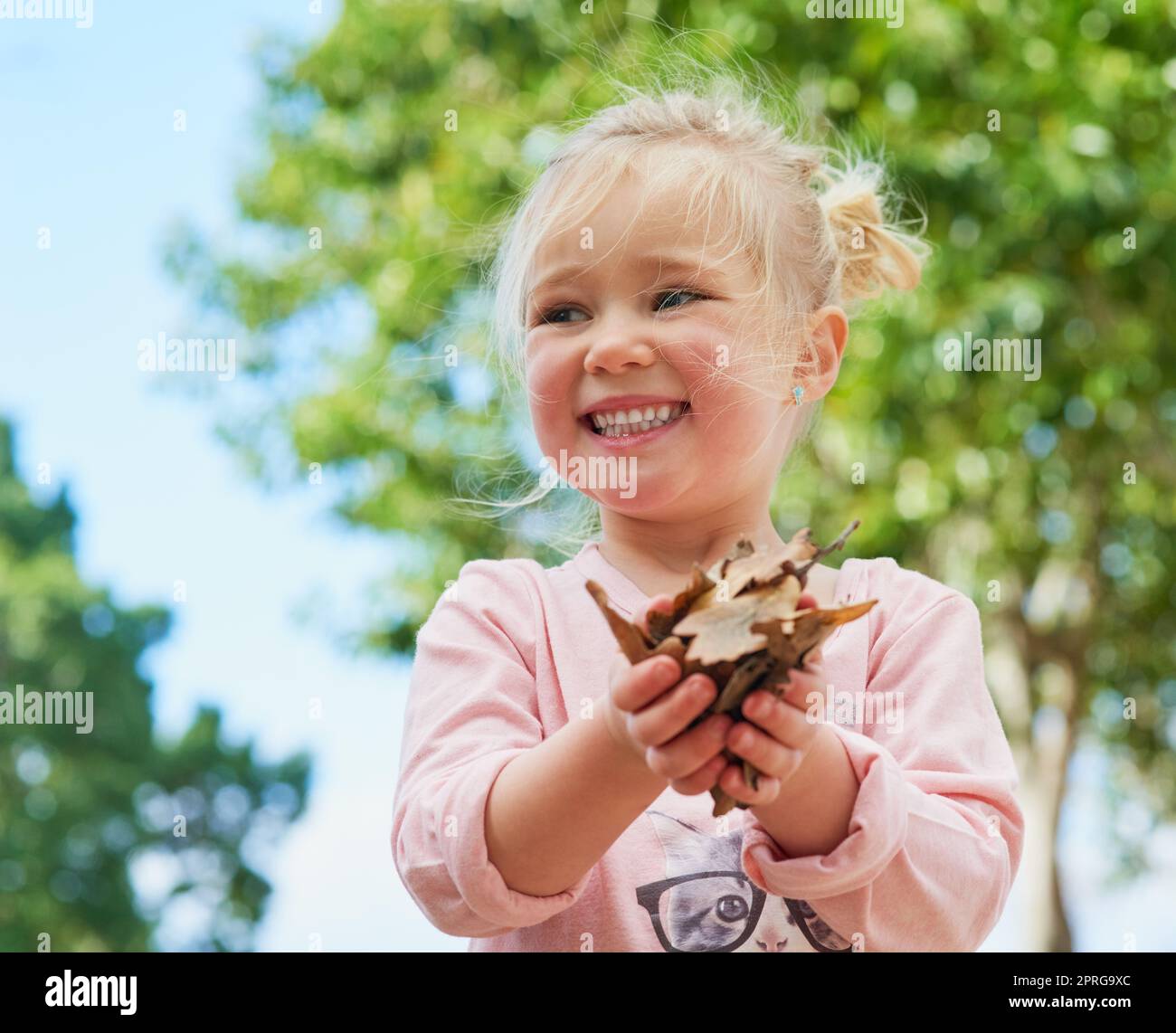 Finden Spaß in den kleinen Dingen. Ein nettes kleines Mädchen hält Blätter beim Spielen draußen. Stockfoto