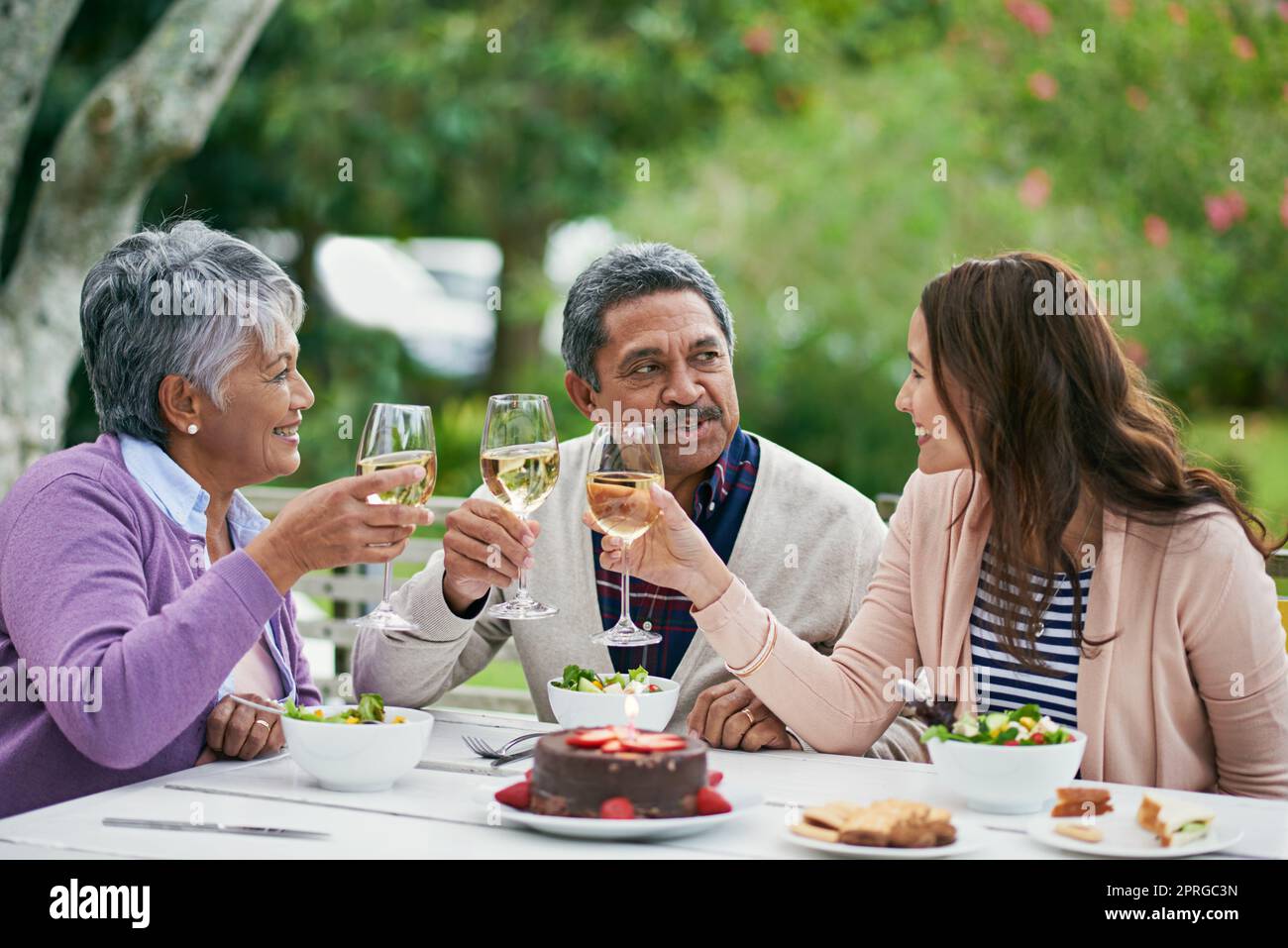 Ein weiteres Jahr der Liebe, des Lebens und der Familie. Eine Familie genießt ein Geburtstagsessen draußen. Stockfoto