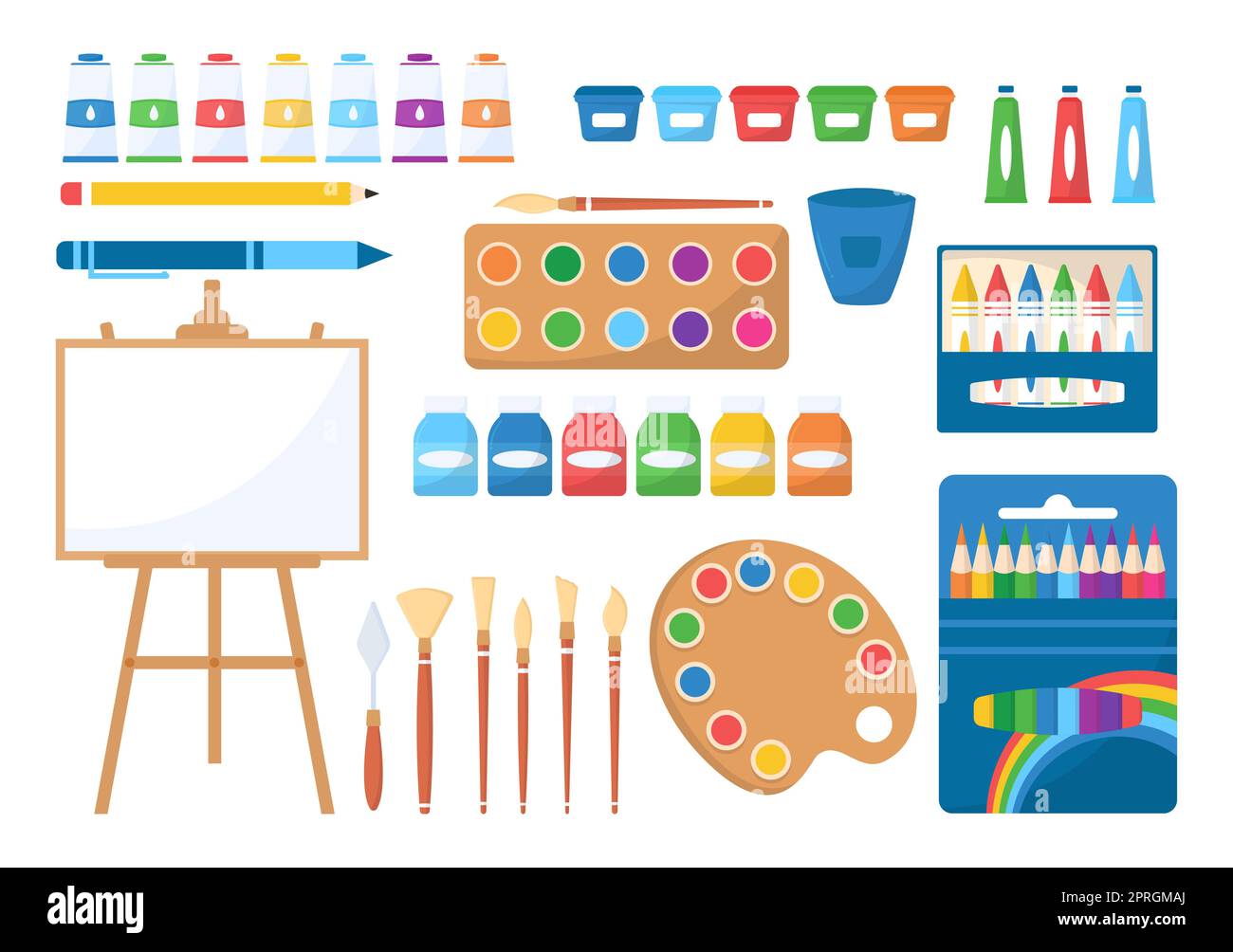 Art Shop mit Malzubehör Shop Zubehör und Werkzeuge für Zeichnung, Künstler und Designer auf Flat Cartoon Hand Drawn Template Illustration Stockfoto