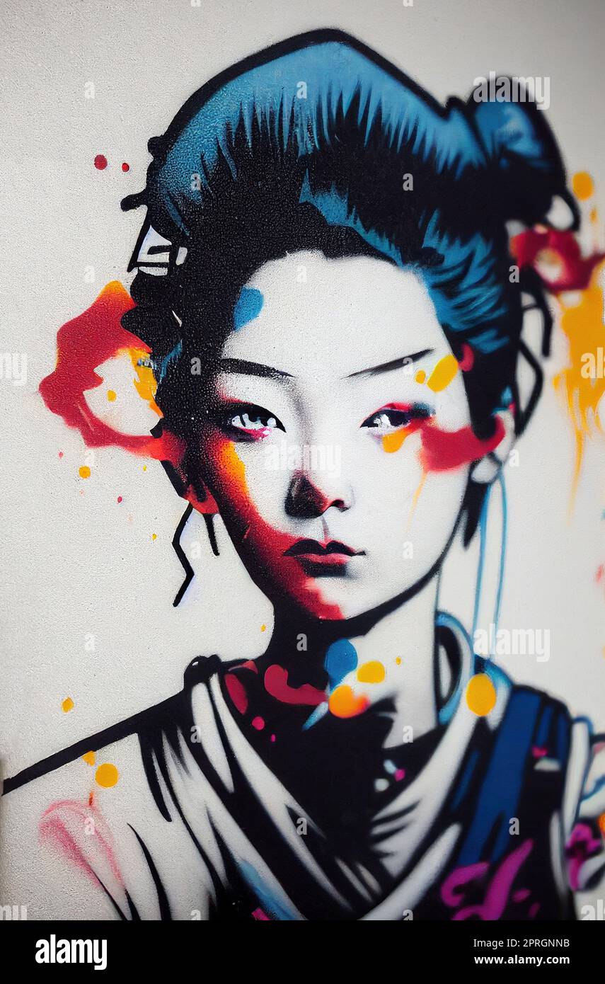 Graffiti süßes japanisches Mädchen an der Wand Digitales Gemälde künstliches Stockfoto