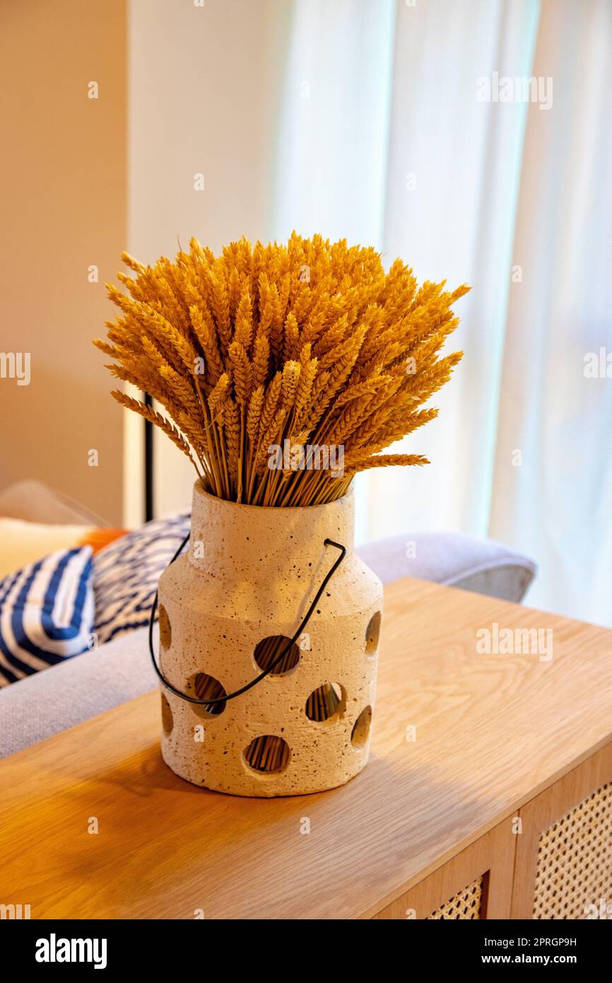 Ein Blatt oder ein Strauß getrockneter Weizenstiele steht in einer Vase auf einem Holztisch vor einem hellen Vorhanghintergrund. Modernes Frühlingsdesign. Trockene Blumen. Stockfoto