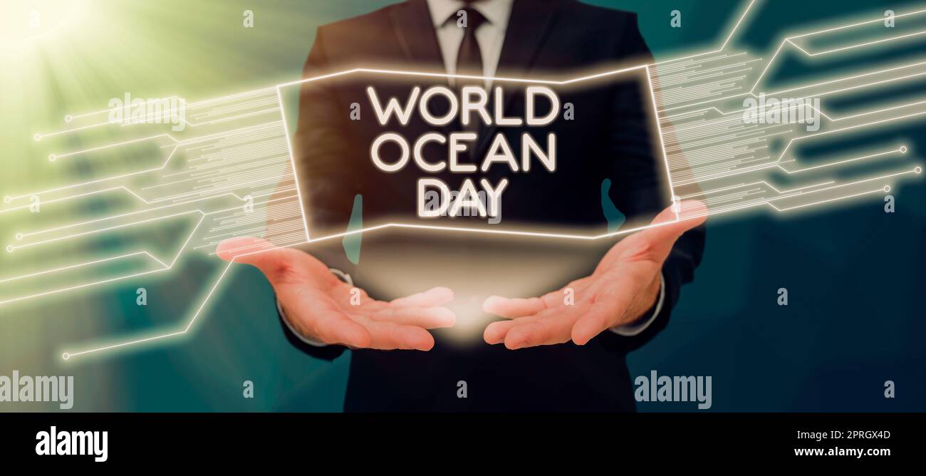 Text mit Inspiration zum Weltmeere-Tag. Wort für weltweite Feier für große Salzwasserkörper Stockfoto