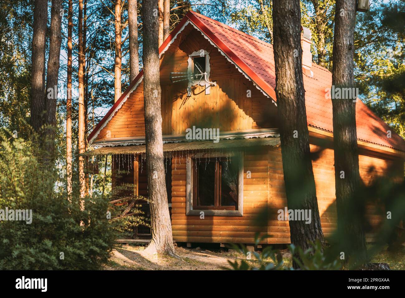 Tourist Guest House Für Ruhe. Holzhaus Im Wald Im Herbst Sonnentag Stockfoto