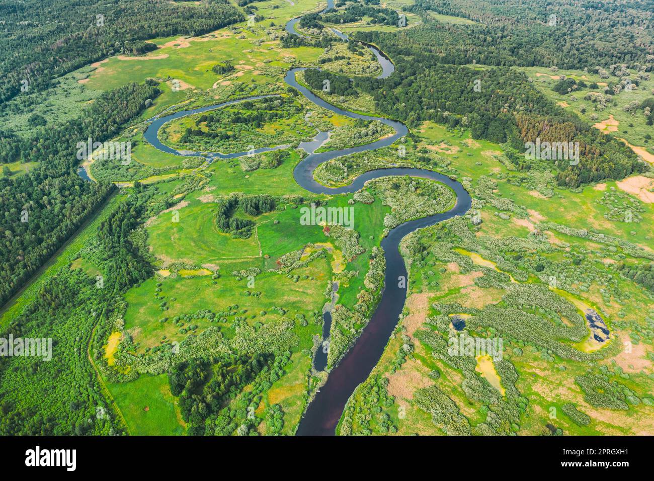 Luftaufnahme Der Sommerlichen Geschwungenen Flusslandschaft Am Sonnigen Sommertag. Top-Blick Auf Die Wunderschöne Europäische Natur Von High Attitude In Der Sommersaison. Drohnenansicht. Vogelperspektive. Stockfoto