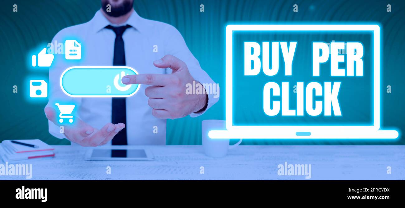 Schreiben Anzeige Text Kaufen pro Klick. Geschäftsidee Online-Einkauf E-Commerce moderne Technologien zum Einkaufen Stockfoto