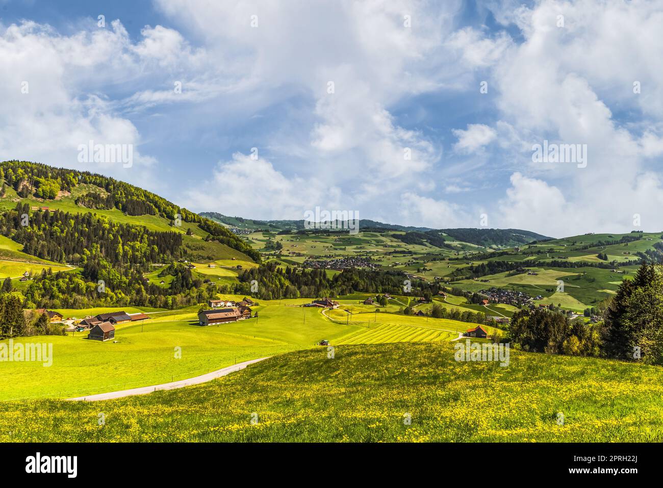 Berglandschaft mit Bauernhöfen und Weiden, Appenzellerland, Kanton Appenzell Innerrhoden, Schweiz Stockfoto