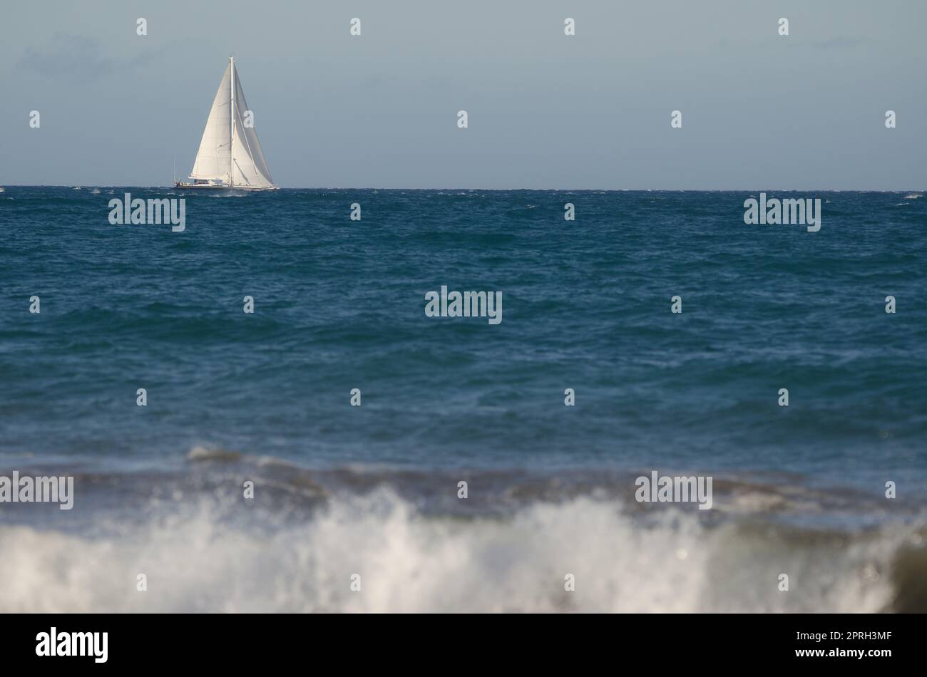 Segelboot vom Strand von Maspalomas. Stockfoto
