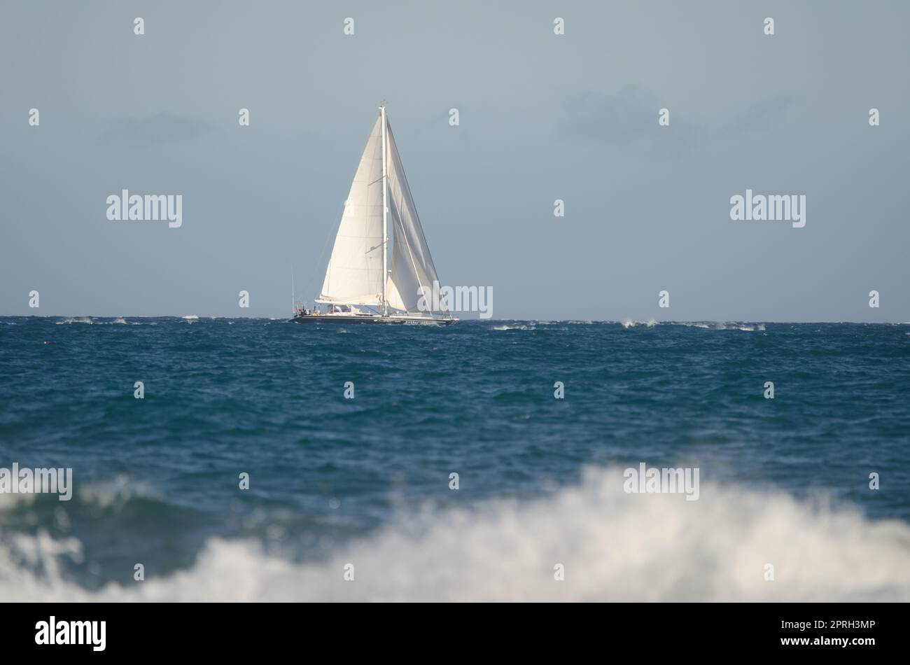 Segelboot vom Strand von Maspalomas. Stockfoto