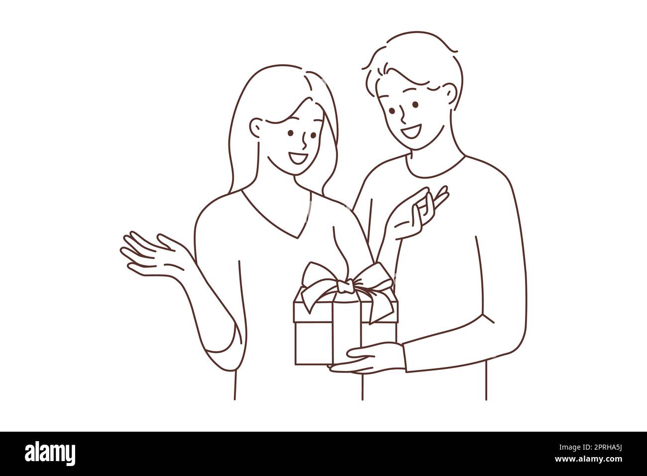 Liebevoller junger Mann schenkt der aufgeregten Frau zum Geburtstag gratulieren. Liebevolles männliches Grußmädchen mit Geschenkbox. Vektordarstellung. Stockfoto