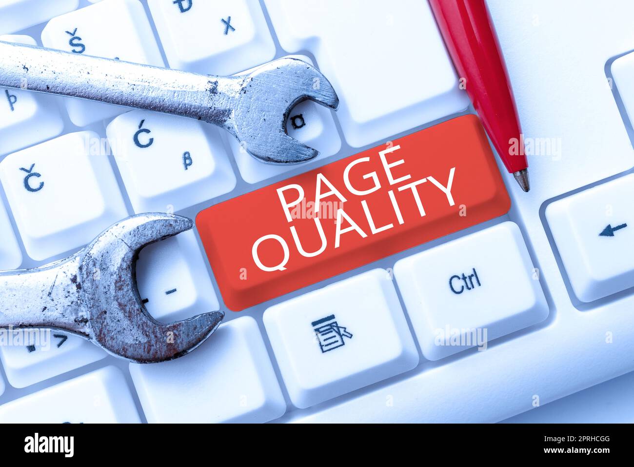 Textunterschrift zur Darstellung der Seitenqualität, Business zeigt die Effektivität einer Website in Bezug auf Erscheinungsbild und Funktion Stockfoto