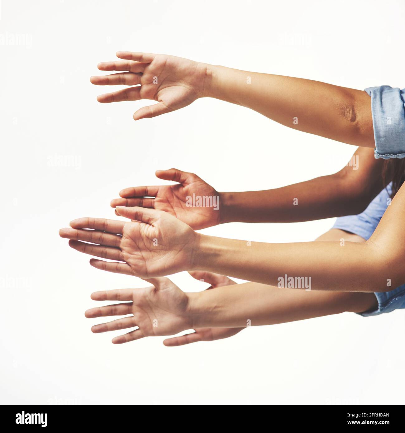 Lassen Sie Ihre Hände reden. Studioaufnahme einer Gruppe von nicht erkennbaren Menschen, die die Hände ausgestreckt haben. Stockfoto