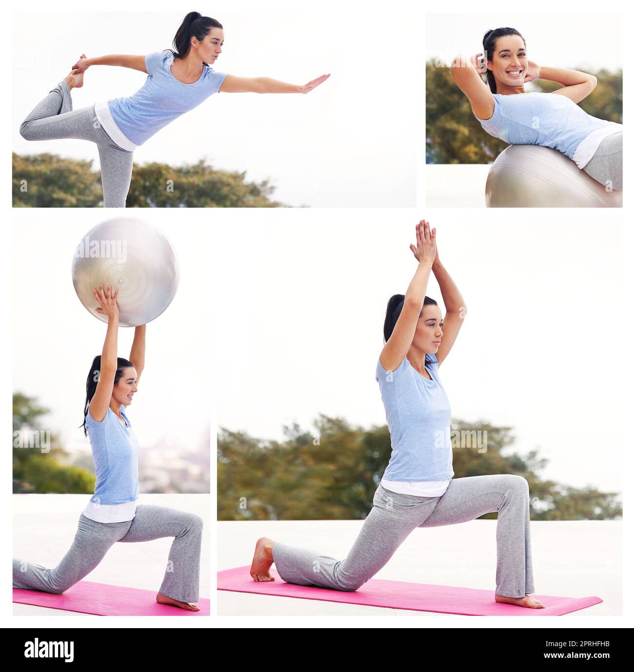 Yoga ermöglicht es Ihnen, eine neue Art von Freiheit zu finden. Zusammengesetztes Bild einer attraktiven jungen Frau, die draußen trainiert. Stockfoto