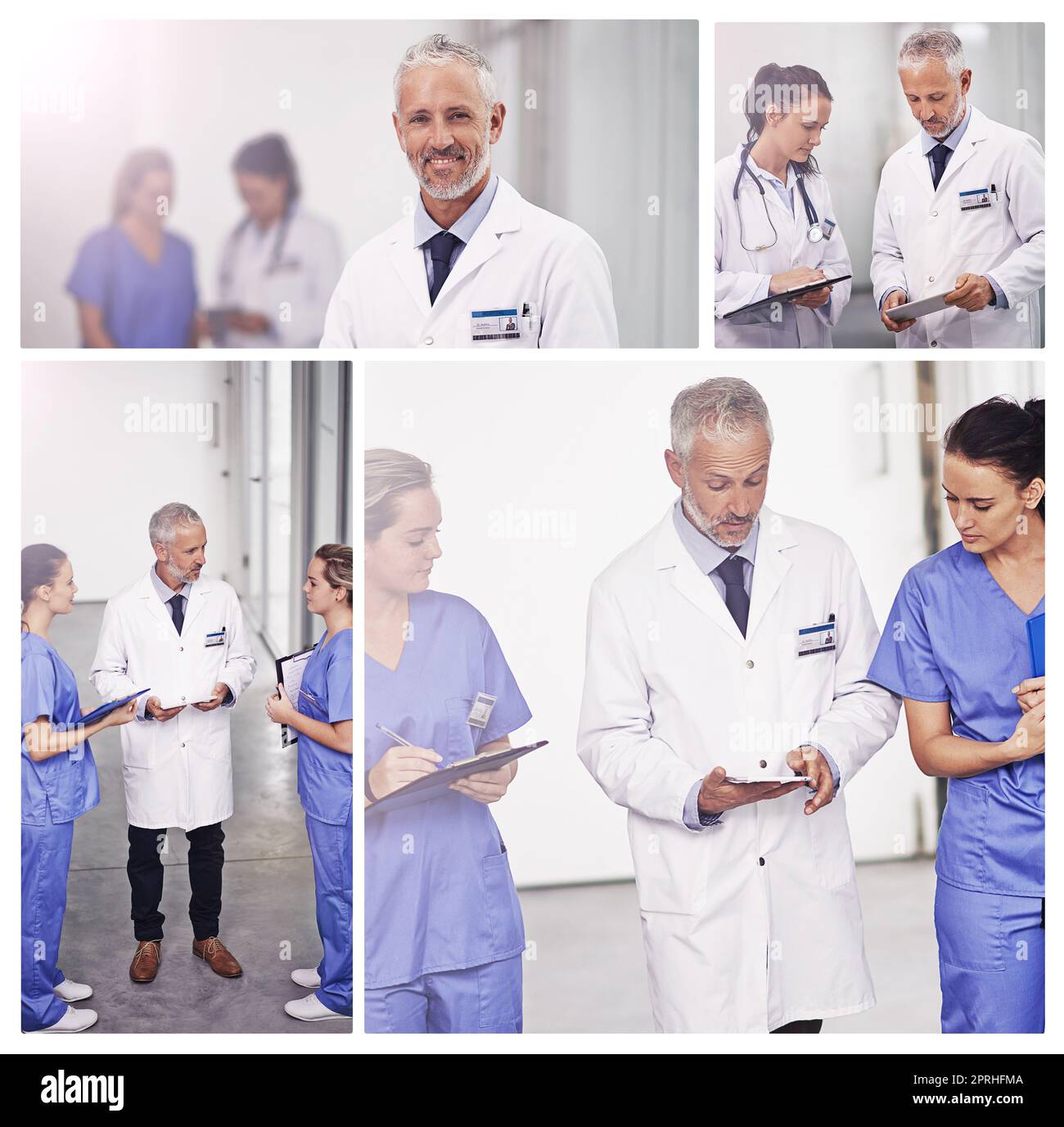 Mit seinen Kollegen darüber sprechen. Zusammengesetztes Bild von Ärzten im Krankenhausflur. Stockfoto