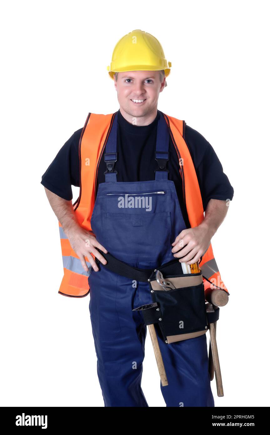 Porträt eines jungen Handwerkers, Arbeiter, Monteur vor weißem Hintergrund Stockfoto
