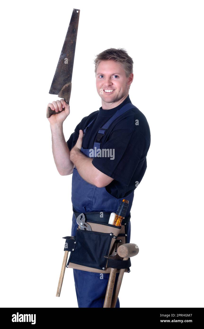 Porträt eines jungen Handwerkers, Arbeiter, Monteur vor weißem Hintergrund Stockfoto