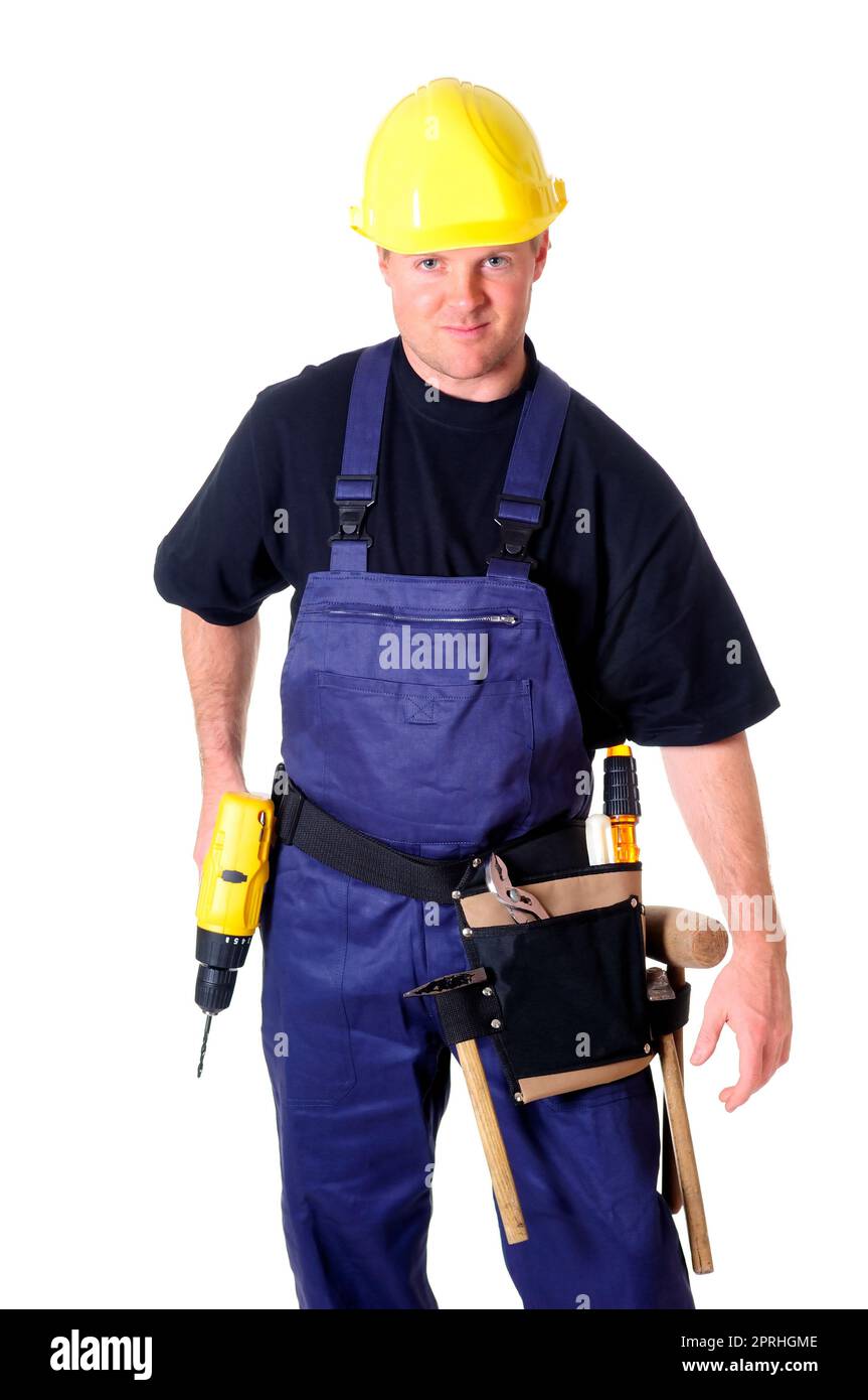 Porträt eines jungen Handwerkers, Arbeiter, Monteur vor weißem Hintergrund Stockfoto