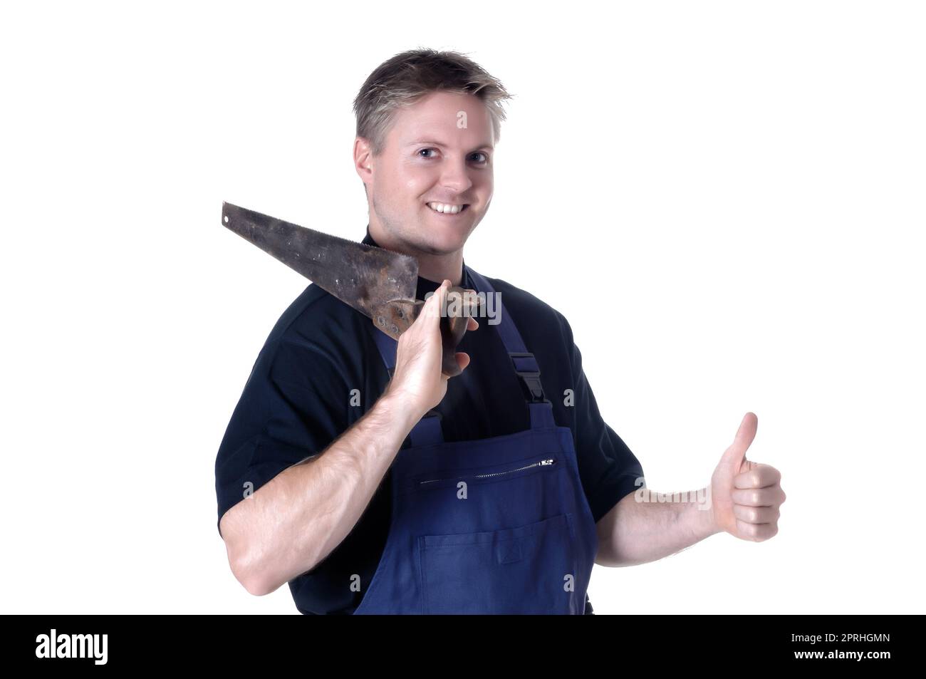 Porträt eines jungen Handwerkers, Arbeiter, Monteur vor weißem Hintergrund Stockfoto