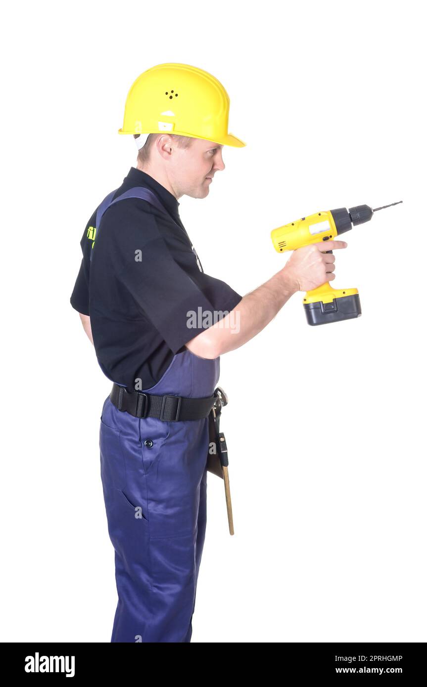 Porträt eines jungen Handwerkers, Arbeiter, Monteur vor weißem Hintergrund Stockfoto