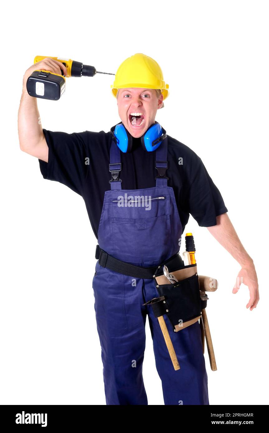 Porträt eines jungen Handwerkers, Arbeiter, Monteur vor weißem Hintergrund Stockfoto