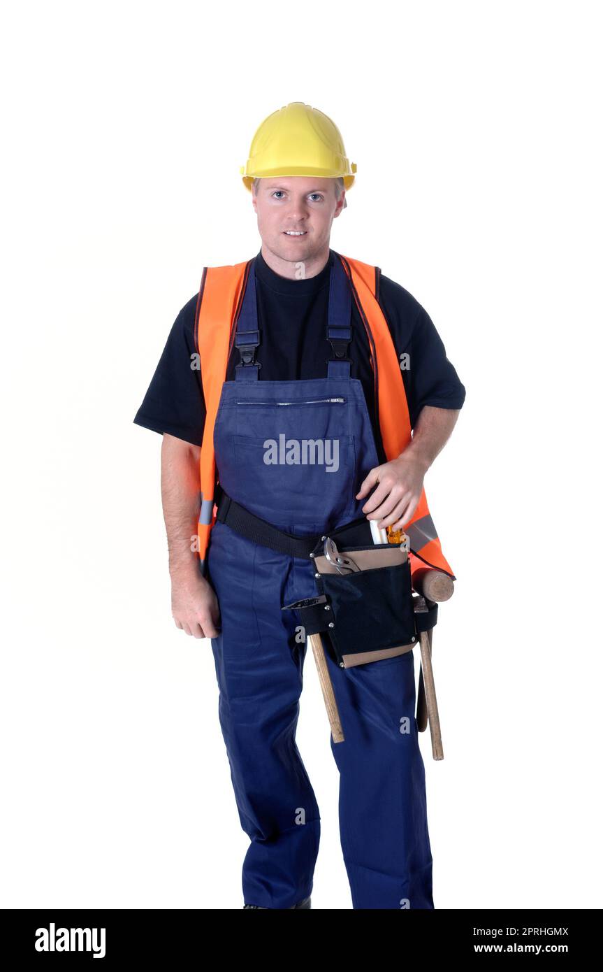 Porträt eines jungen Handwerkers, Arbeiter, Monteur vor weißem Hintergrund Stockfoto