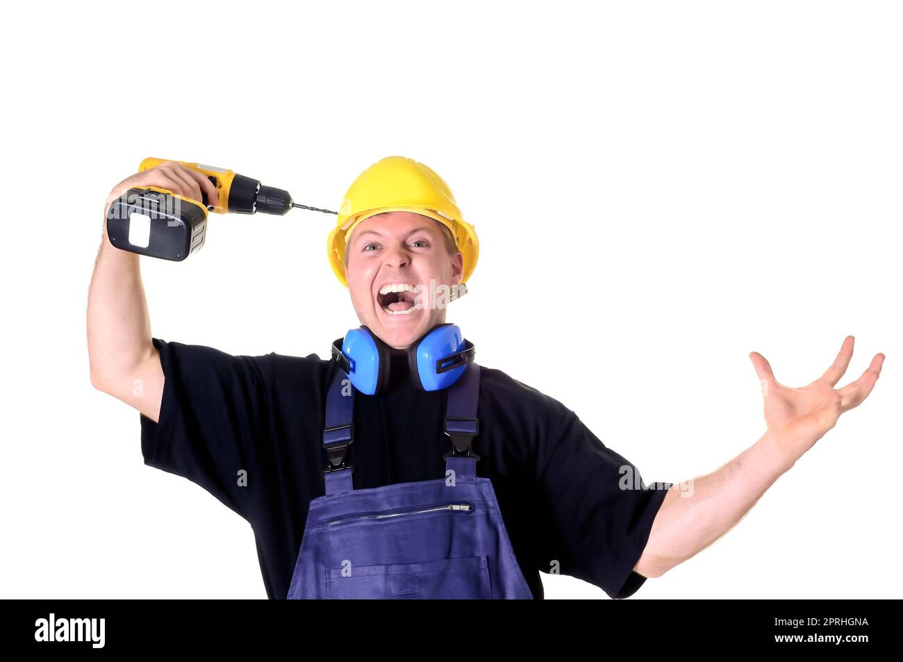 Porträt eines jungen Handwerkers, Arbeiter, Monteur vor weißem Hintergrund Stockfoto