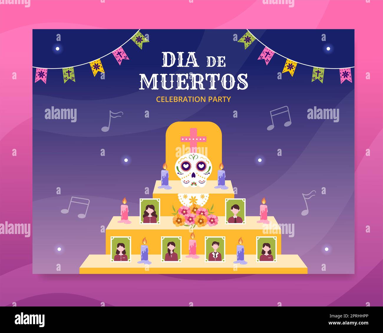 Dia De Los Muertos oder Day of the Dead Photocall Template Handgezeichnete Cartoon Illustration Stockfoto