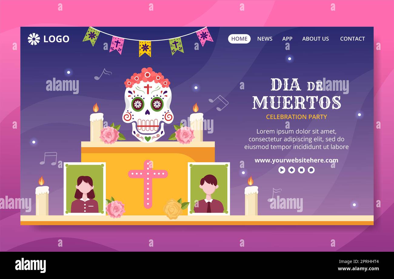 Dia De Los Muertos oder Tag der Toten Social Media Landing Page Handgezeichnete Cartoon Illustration Stockfoto