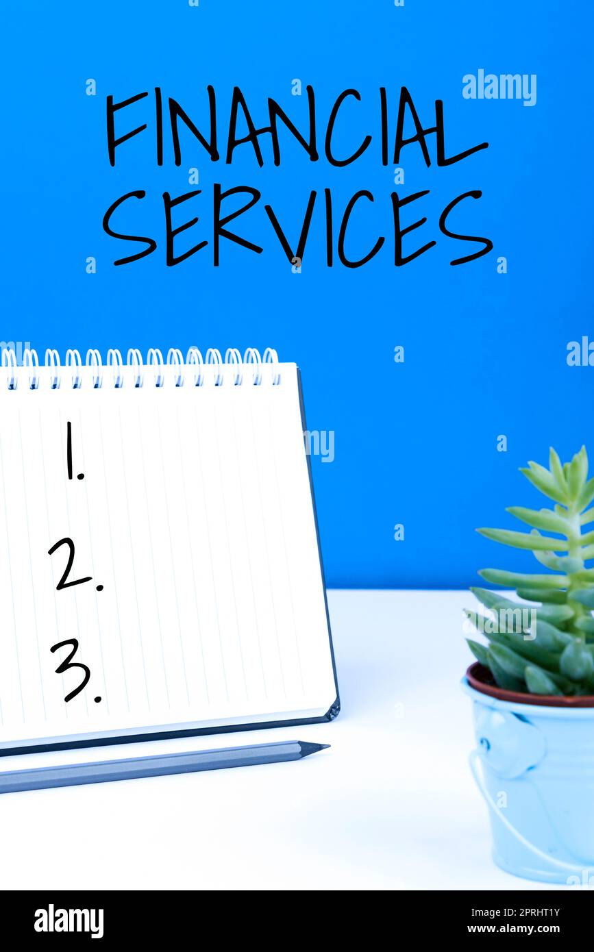 Handschrifttext Financial Services Money and Investment Leasing Lending Stock Brokerages. Business Idea Money und Investment Leasing Lending Stock Brokerages Stockfoto