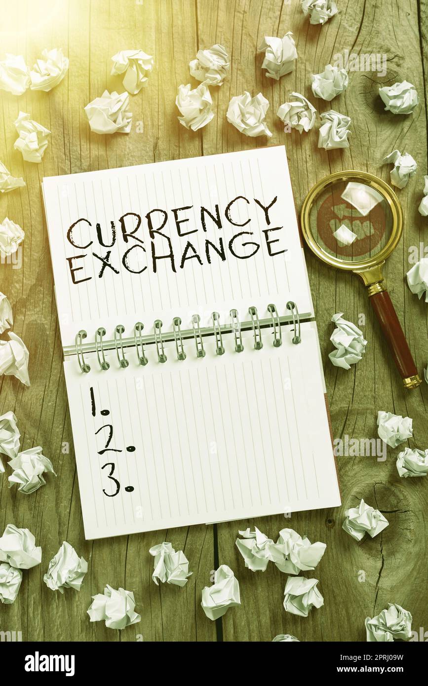 Vorzeichen zur Anzeige des Währungsumtauschprozesses zum Wechseln einer Währung in einen anderen Devisen. Geschäftsansatz Prozess des Wechsels einer Währung in einen anderen Devisen Stockfoto