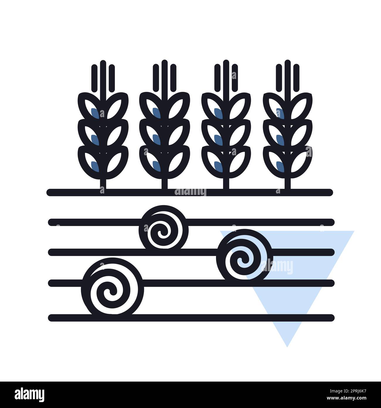 Symbol für Ähren von Weizen, Gerste oder Roggen auf dem Feld und runde Heuballen. Zeichen Landwirtschaft. Graph-Symbol für Ihr Website-Design, Logo, App, UI. Vektor illustrr Stockfoto