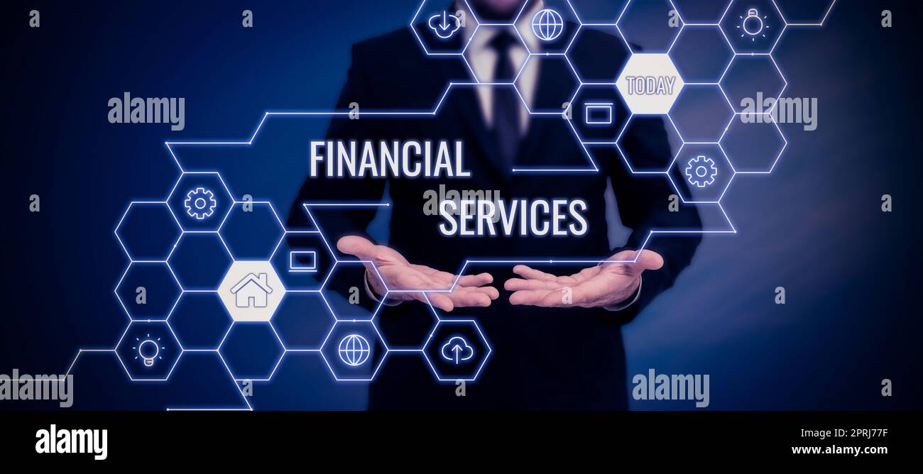 Handschrifttext Financial Services Money and Investment Leasing Lending Stock Brokerages. Business Idea Money und Investment Leasing Lending Stock Brokerages Stockfoto