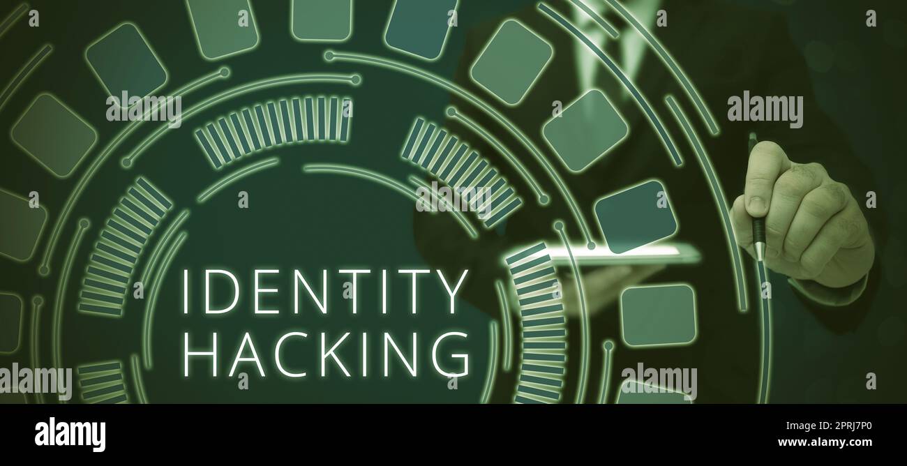 Schild mit Identitäts-Hackingkriminellen, die Ihre persönlichen Daten mit Malware stehlen. Unternehmensüberblick Kriminelle, die Ihre persönlichen Daten mit Malware stehlen Stockfoto
