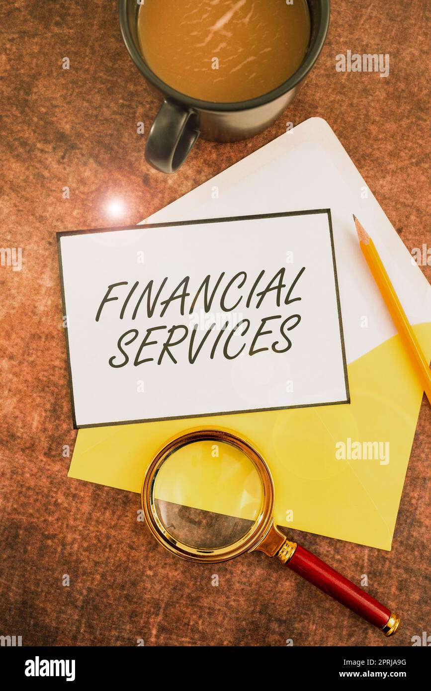 Handschrifttext Financial Services Money and Investment Leasing Lending Stock Brokerages. Internet Concept Money und Investment Leasing Lending Stock Brokerages Stockfoto