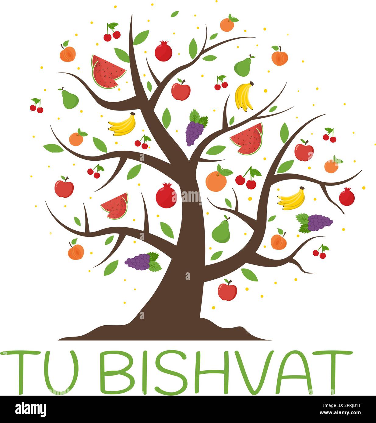 TU BiShvat Vorlage Handgezeichnete Cartoon flache Illustration Blühender Baum mit Objekten von sieben Arten von Früchten auf weißem Hintergrund Design Stock Vektor